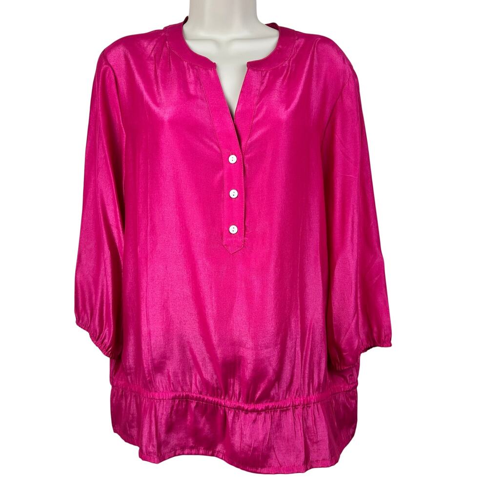Chico's Blouse Top 3/4 Sleeve Split V-Neck Buttons Shimmer Fuchsia Chico 2 US L